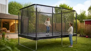 Rektangulär studsmatta med vadderad ram och skyddsnät