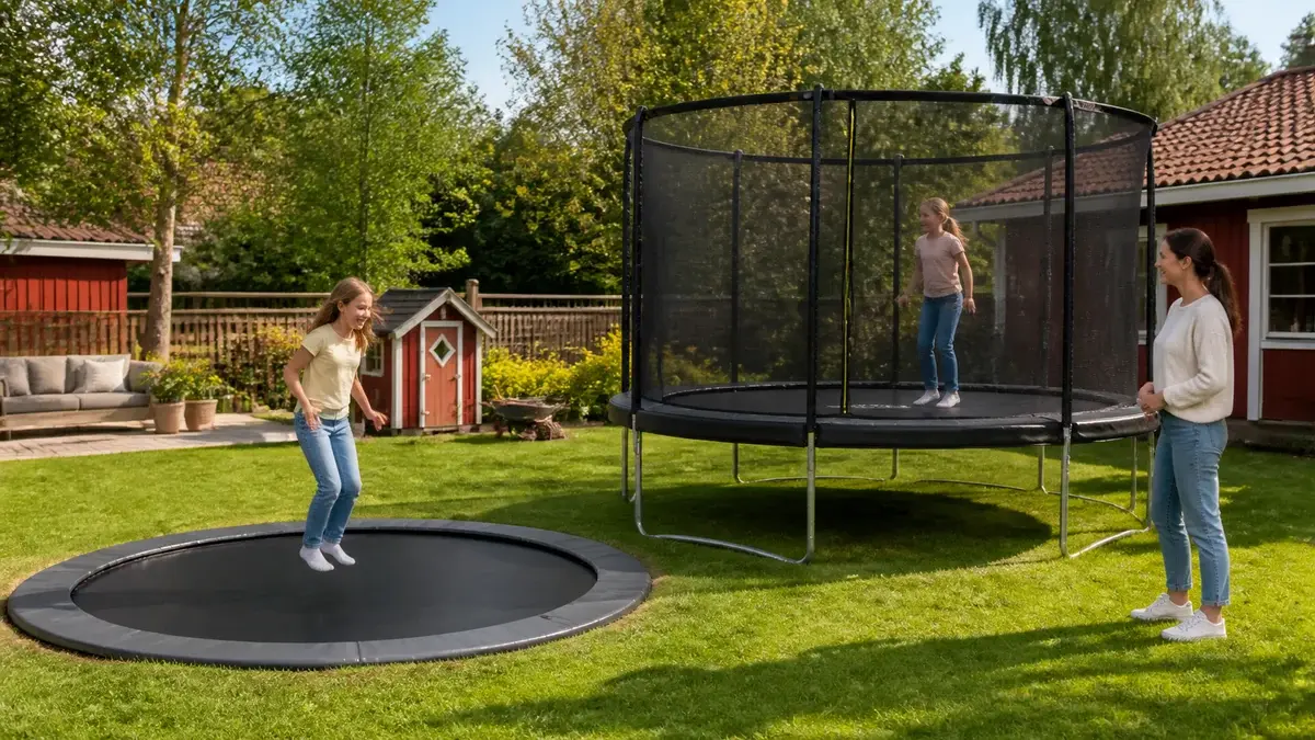 Nedgrävd och upphöjd studsmatta sida vid sida i en trädgård