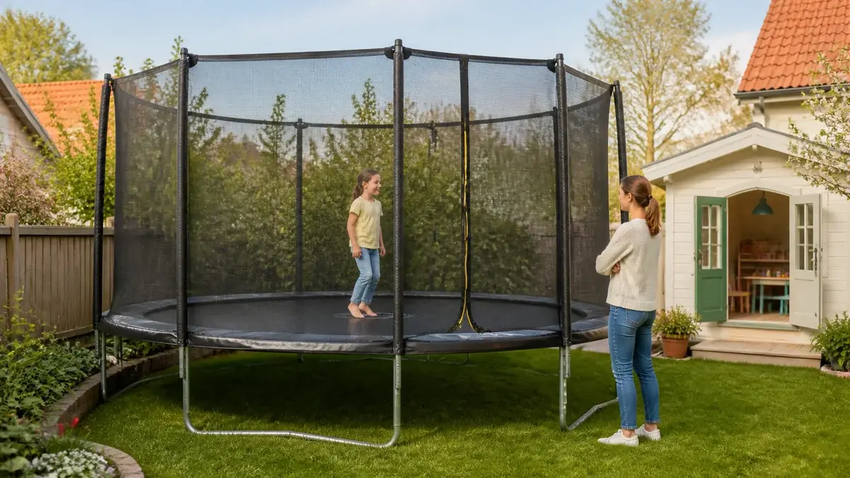 Oval studsmatta med högt skyddsnät i en smal trädgård