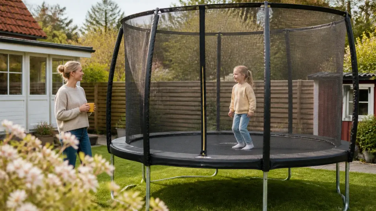 Studsmatta med sträckt skyddsnät, vadderade stolpar och entré